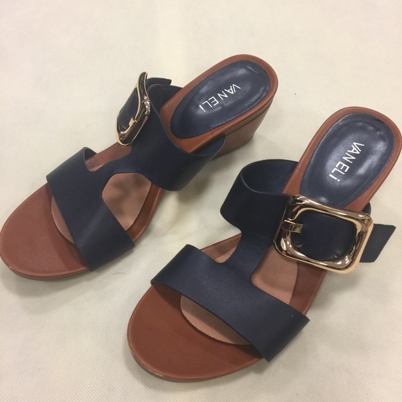 Navy with gold buckle wedge sandals - Picture 8 of 8